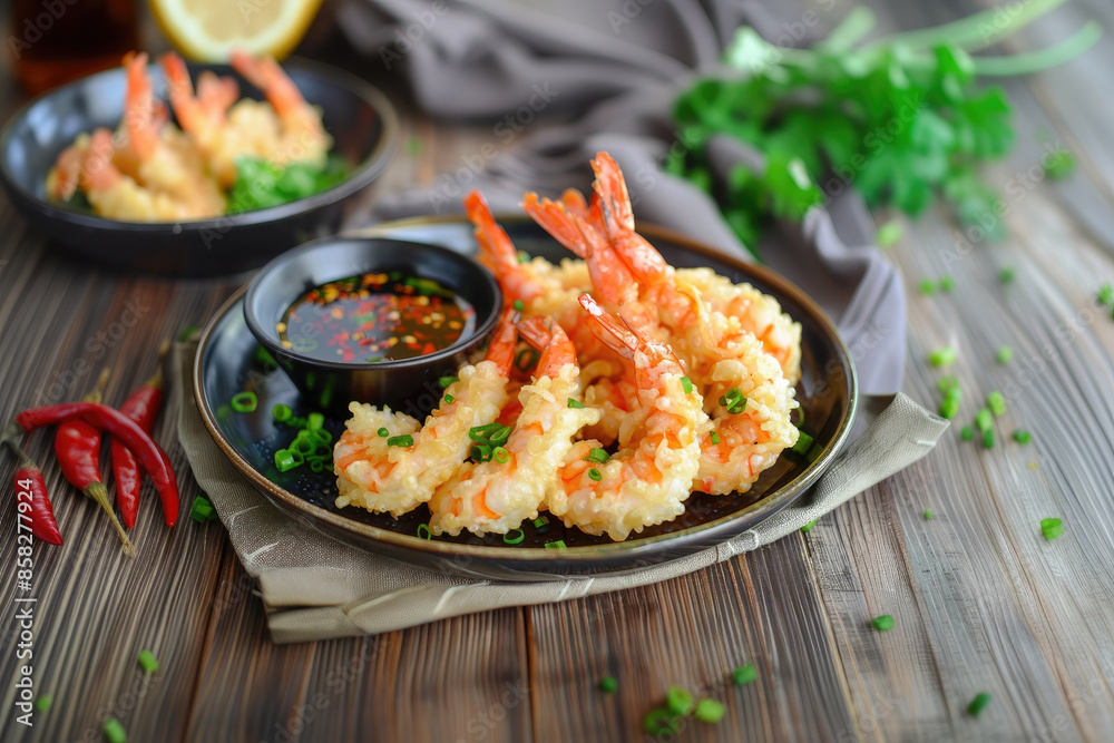 A Plate of Tempura Shrimp with Spicy Sauce A Plate of Tempura Shrimp with Spicy Sauce
