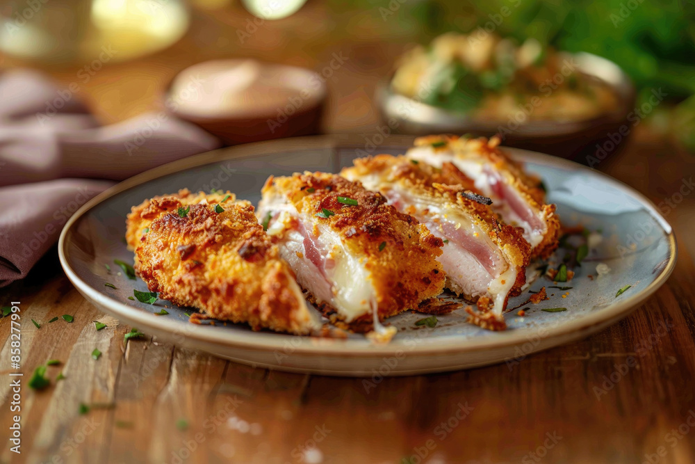 Delicious Plate of Cordon Blue, Chicken with Ham and Cheese on a Wooden Table Delicious Plate of Cordon Blue, Chicken with Ham and Cheese on a Wooden Table