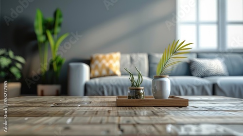 Wallpaper Mural Product display setup on empty table in simple home interior with blurred grey couch Torontodigital.ca