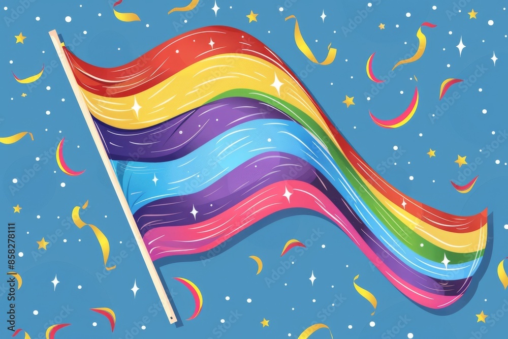 Vibrant rainbow flag waving against a festive blue background with confetti and swirls, symbolizing pride and celebration. Vibrant rainbow flag waving against a festive blue background with confetti and swirls, symbolizing pride and celebration.