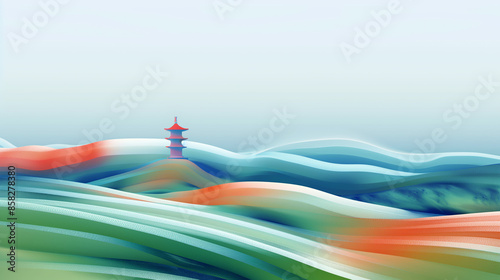 Illustration continuous rolling hills, historical landscape, line neon art, Colored Pencil Drawing. 