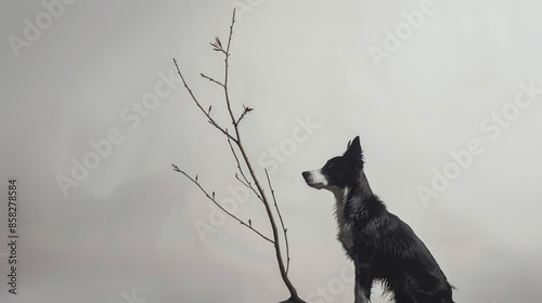 A black and white dog stands beside a leafless tree branch against a foggy background. Minimalist and serene nature scene.