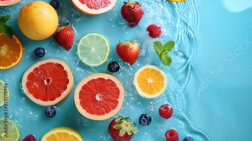 Assorted fresh fruits including citrus slices, strawberries, and blueberries floating in water on a vibrant blue background.