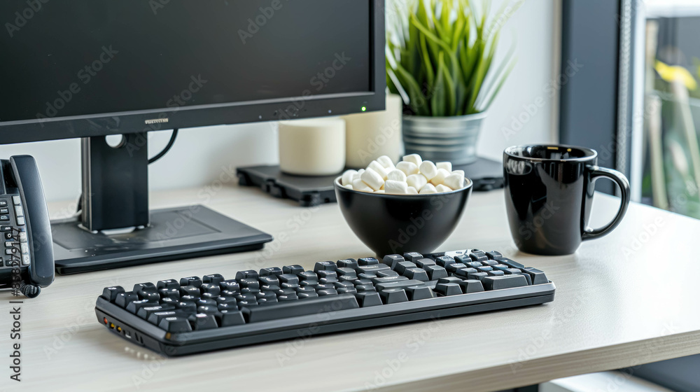 Modern Office With Computer, A Coffee And A Bowl Of Marshmallows, A Little Sweet While Working At The Office Modern Office With Computer, A Coffee And A Bowl Of Marshmallows, A Little Sweet While Working At The Office