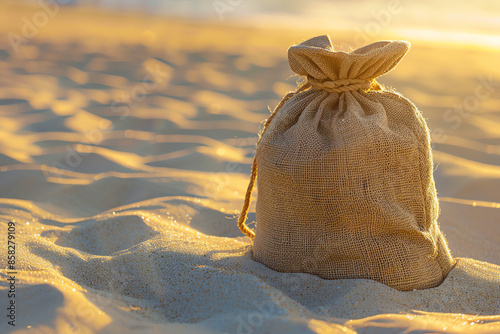 Burlap sack on sandy beach at sunset, symbolizing adventure, treasure, and journey. Warm golden light creates serene and nostalgic ambiance.