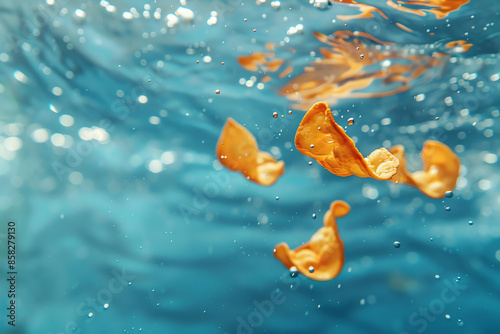 Crispy orange fish swim underwater in bright blue ocean waves, beautifully captured in motion with vibrant colors around them.