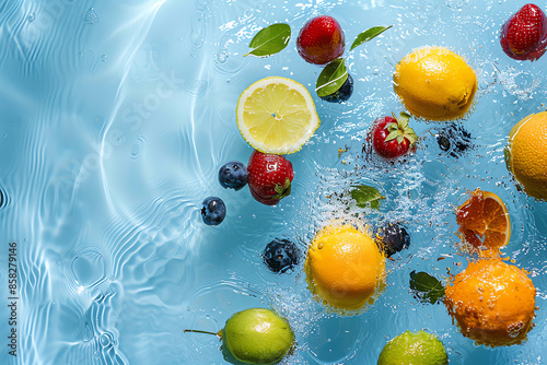 Assorted fresh fruits including lemon, lime, orange, and berries floating in refreshing blue water creating a vibrant and lively summer scene.