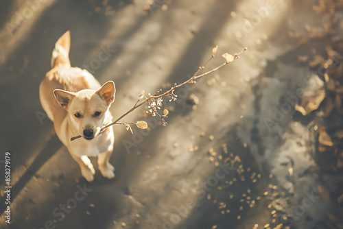 Cute small dog holding a branch in its mouth, standing on a sunlit pathway, surrounded by fallen leaves and shadows.