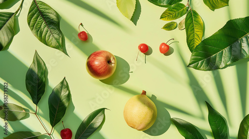 Fresh fruit including apple, pear, and cherries placed artistically with green leaves on a light green surface.