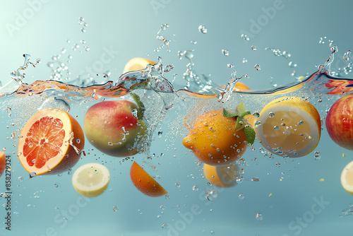 Fresh fruits including grapefruit, apple, lemon, and orange splashing in water against a clean blue background.