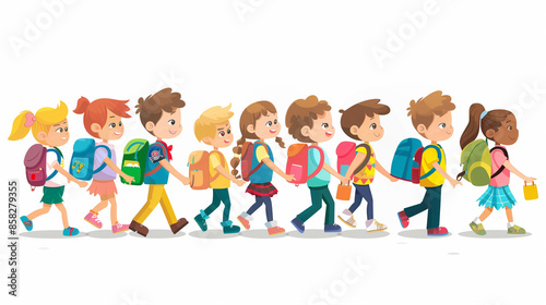 Illustration of a group of happy children walking in a line, each carrying a colorful backpack, symbolizing the joy and camaraderie of school life and friendship
