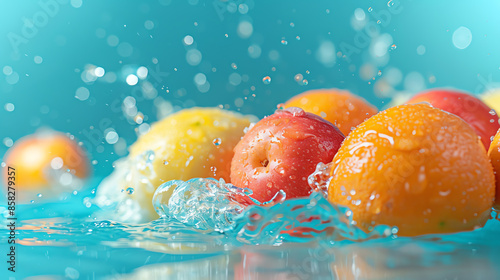 Fresh fruits, including apples, oranges, and lemons, splashing in water with blue background. Vibrant, refreshing, and healthy concept.