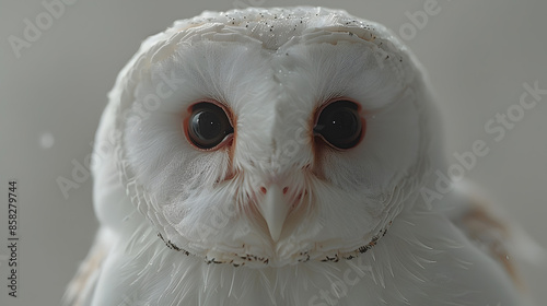 Close-Up of a Snowy White Owl with Intense Eyes and Detailed Feathers on a Neutral Background