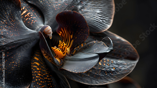 Close-Up of Exotic Black Orchid with Intricate Petal Patterns and Vibrant Orange Highlights