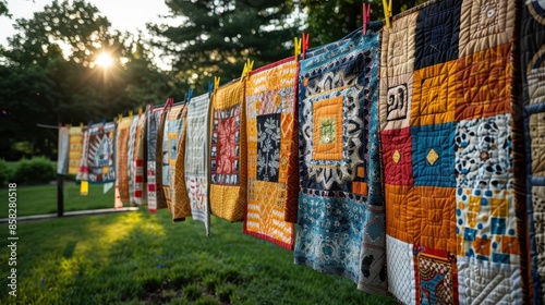 Colorful Patchwork Quilts Drying in the Sun Handmade Fabric Art
