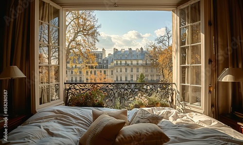 Panoramic beauty unfolds from a charming Parisian window. illustration images