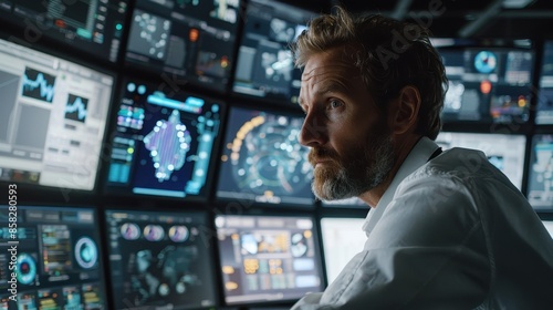 Focused Man Analyzing Data on Multiple Monitors in a Dark Control Room