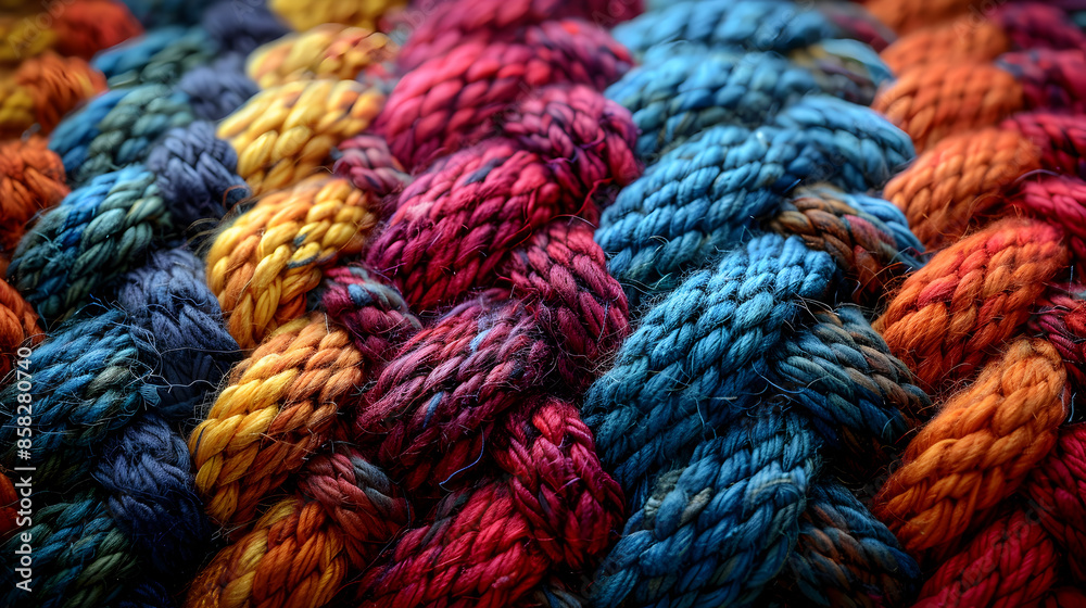 Close-Up of Colorful Braided Rope Texture with Vibrant Threads in Various Shades Close-Up of Colorful Braided Rope Texture with Vibrant Threads in Various Shades