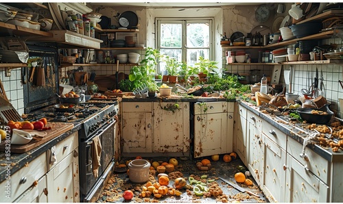 Kitchen chaos reigns supreme, with disarray and filth lurking in every corner. illustration images photo