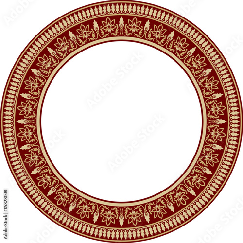 Vector round gold with red Indian national ornament. Ethnic plant circle, border. Frame, flower ring. Poppies and leaves