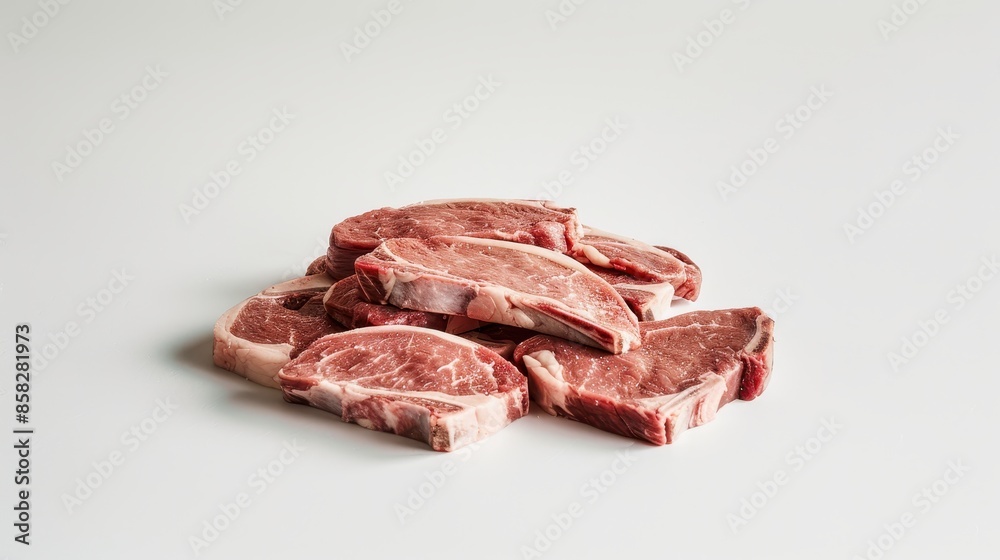 Raw, uncooked beef steaks with visible marbling, resting on a white background. The steaks have a rich red color with white fat lines, and some have a thin layer of pinkish meat on the edges