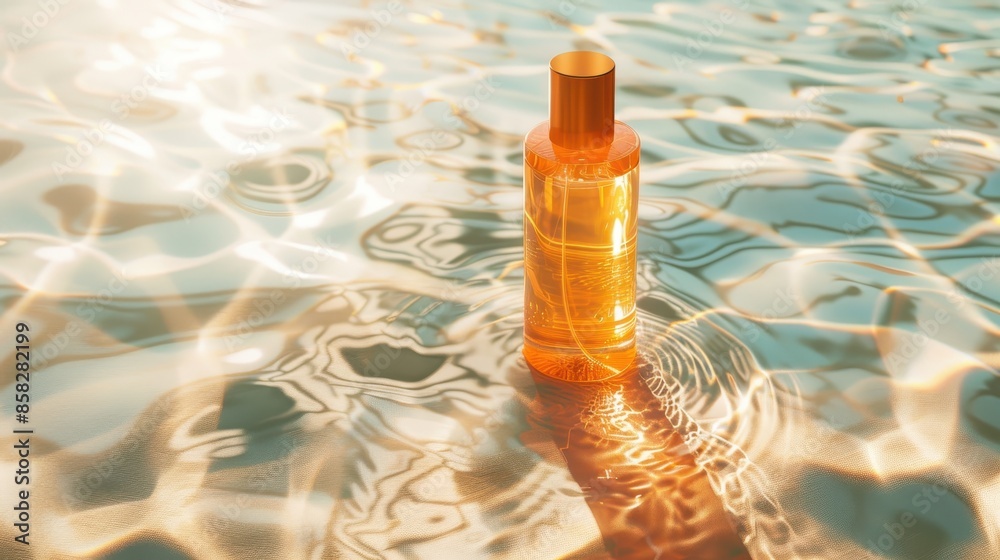 Obraz premium Amber-colored bottle with a golden cap, floating on water with ripples around it, under what appears to be sunlight, creating a play of light and reflections on the water's surface