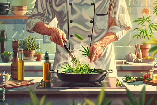 A high-quality illustration of a chef preparing a dish with cannabis leaves and oils, set in a modern kitchen with cooking utensils and fresh ingredients 
