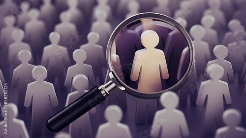Magnifying glass highlighting distinct figure among many symbolizing focused hiring