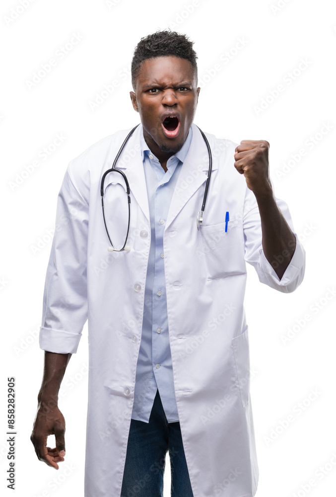Young african american man wearing doctor coat annoyed and frustrated shouting with anger, crazy and yelling with raised hand, anger concept Young african american man wearing doctor coat annoyed and frustrated shouting with anger, crazy and yelling with raised hand, anger concept