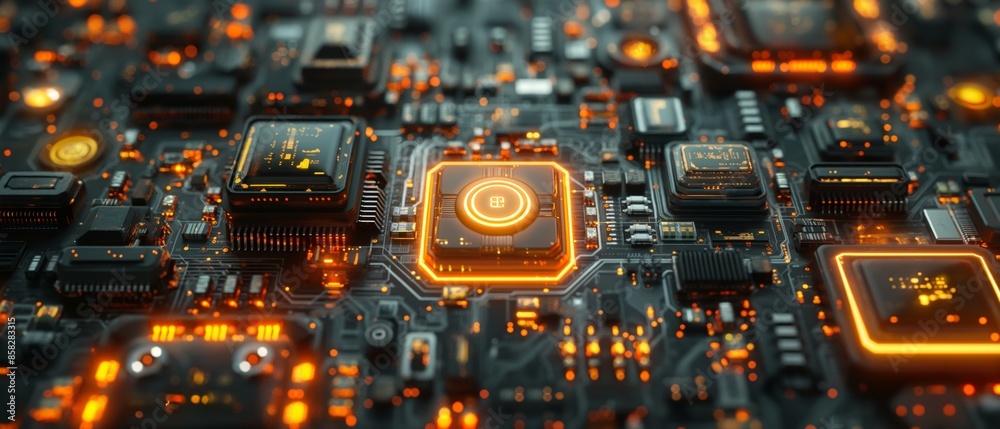 Close-up of a futuristic circuit board with glowing orange elements, showcasing advanced technology and intricate electronic components. Close-up of a futuristic circuit board with glowing orange elements, showcasing advanced technology and intricate electronic components.