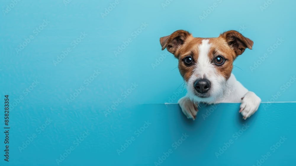 Curious Jack Russell Terrier peeking out of banner on blue background for ads Curious Jack Russell Terrier peeking out of banner on blue background for ads