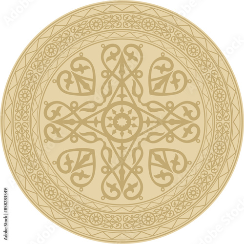 Vector gold round Yakut ornament. Endless circle, border, frame of the northern peoples of the Far East.