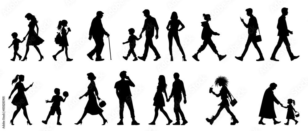 Vector illustration. Large set of black silhouettes of people. People are walking. Vector illustration. Large set of black silhouettes of people. People are walking.