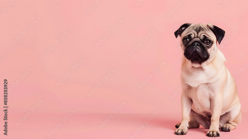 Adorable Pug Sitting on Pink Background.. Adorable Pug Sitting on Pink Background..