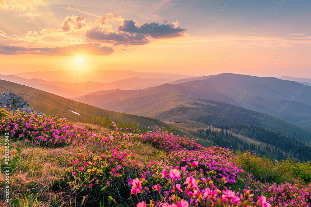 Naklejka premium Summer Sunset with Rhododendron Flowers: Majestic Mountain Landscape