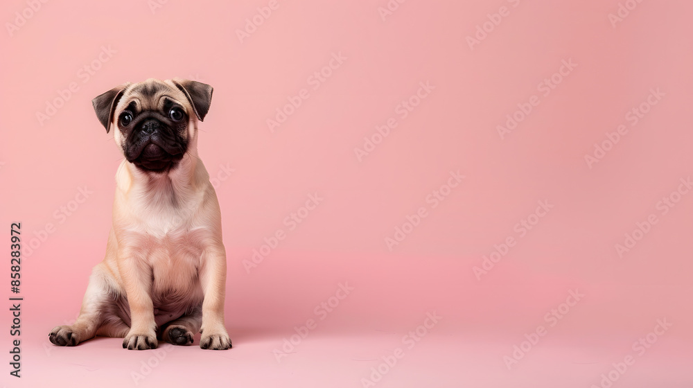 Adorable Pug Puppy Sitting on Pink Background.. Adorable Pug Puppy Sitting on Pink Background..