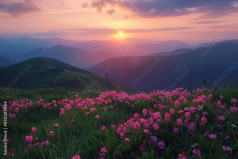 Obraz premium Spectacular Sunset Over Alpine Rhododendrons in Summer Mountainscape