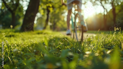 a cyclist riding through a city park on a sunny day.