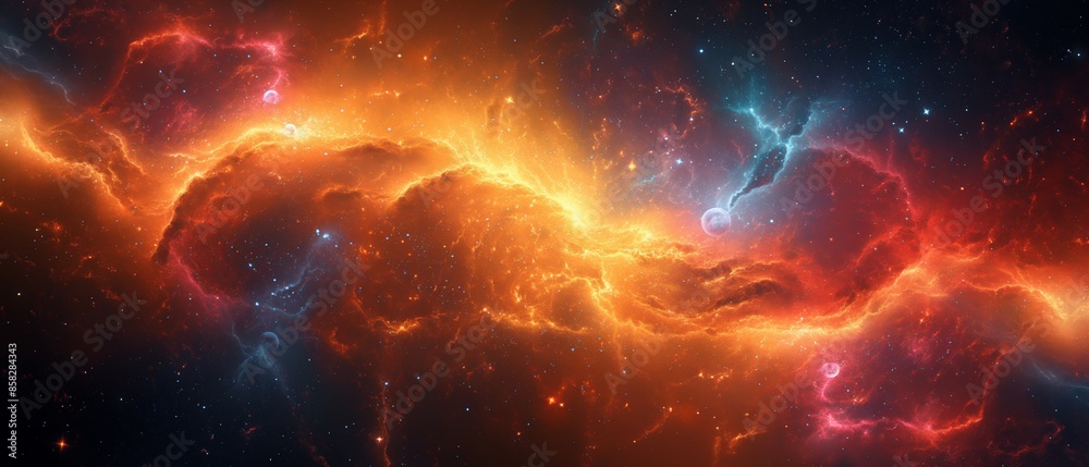 Stunning image of a vibrant nebula in space showcasing glowing clouds of interstellar gas and dust with vivid colors of orange and blue. Stunning image of a vibrant nebula in space showcasing glowing clouds of interstellar gas and dust with vivid colors of orange and blue.