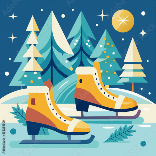  Ice skates and snowy trees