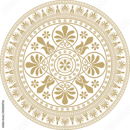 Vector golden classic Greek round ornament. Circle of Ancient Greece and the Roman Empire. Byzantine painting of walls, floors and ceilings. Decoration of European palaces