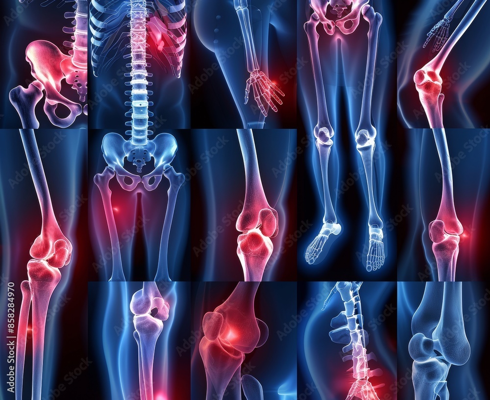 A collage of X-ray images with limbs and a source of pain. A collage of X-ray images with limbs and a source of pain.