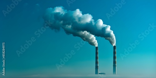 Power plant smokestacks against blue sky symbolize carbon emissions and climate change. Concept Emissions, Power Plants, Climate Change, Sustainability, Air Pollution photo