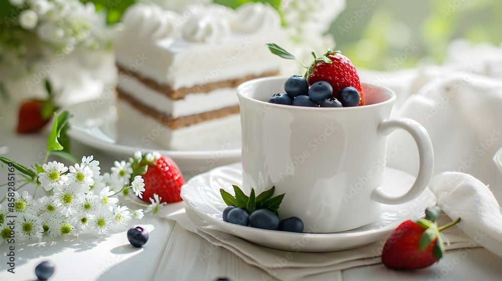 Delectable Dessert with Berries and Floral Accents on Rustic Wooden Table Delectable Dessert with Berries and Floral Accents on Rustic Wooden Table