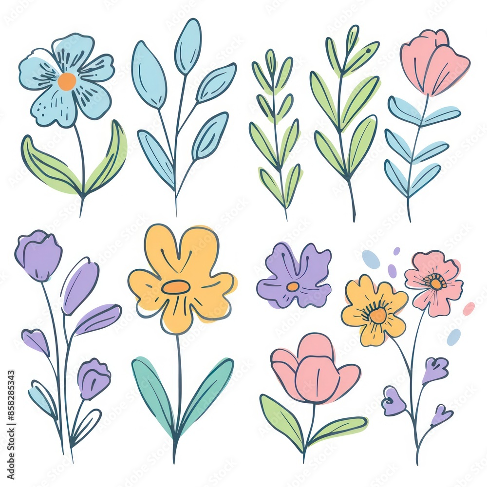 a collection of charming hand-drawn flowers and leaves in a variety of colors and simple shapes, evoking a playful and cheerful atmosphere. a collection of charming hand-drawn flowers and leaves in a variety of colors and simple shapes, evoking a playful and cheerful atmosphere.