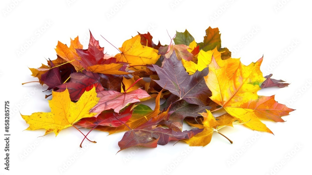 A pile of colorful autumn leaves scattered across a clean white background A pile of colorful autumn leaves scattered across a clean white background