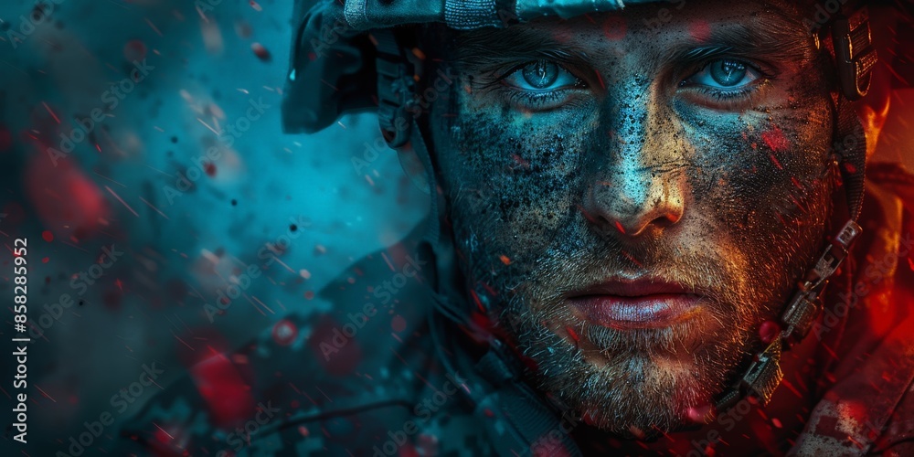 Close-up of soldier with intense gaze, face covered in dirt and sweat, in a warzone, highlighting determination and resilience. Close-up of soldier with intense gaze, face covered in dirt and sweat, in a warzone, highlighting determination and resilience.