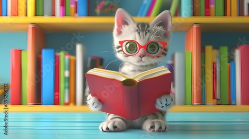Adorable cartoon kitten with glasses intently reading a book in a colorful library, creating a charming and studious scene. © Janie