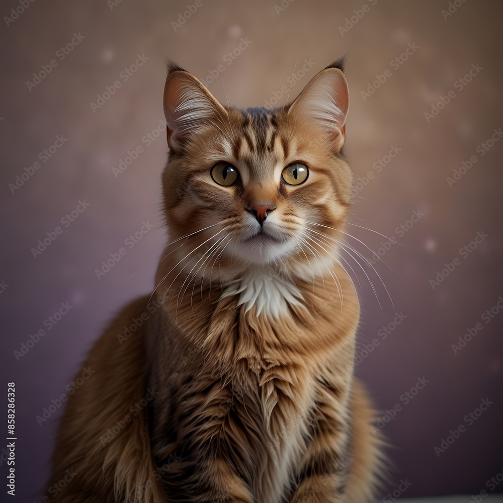 Fototapeta premium Brown cat against vibrant light purple background.