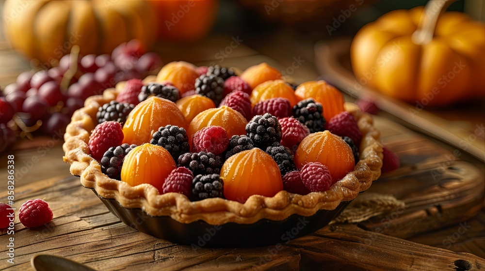 Pumpkinberry pie on rustic wooden table. Beautiful and delicious dessert photography Pumpkinberry pie on rustic wooden table. Beautiful and delicious dessert photography